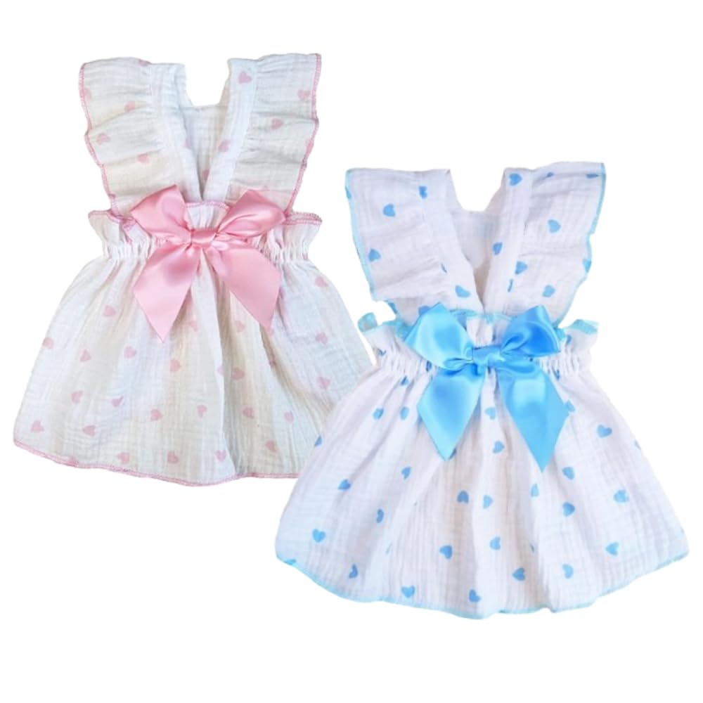 Photo 1 of 2 Pieces Summer Dog Dresses Heart Pattern Female Small Dogs Clothes Ruffled Trim Puppy Outfit Cute Bow Decor Cat Apparel Holiday Pet Dress for Chihuahua Yorkie (Pink+Blue Heart, Small)