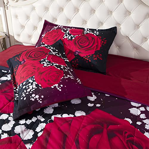Aitazz Comforter Sets Queen Size Red Rose Romantic Wedding Bedding Set 3D Red Floral Bedding Quilt For Woman Lady Girls Wedding Decorations - Includes 1 Comforter, 2 Pillowcase #TOP3