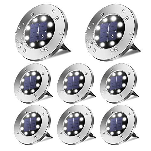 Solar Ground Lights 8 Packs - 8 LED Solar Lights Outdoor Waterproof Solar Disk Lights Garden Lights Bright In-Ground Landscape Lighting for Lawn Pathway Yard Deck Patio Driveway Walkway (White)