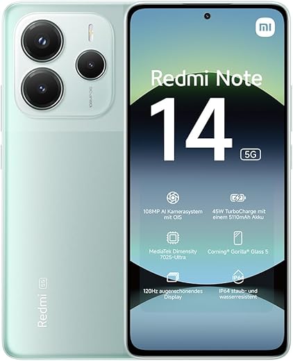 Xiaomi Smartphone Redmi Note 14 5G, 8+256GB, Sistema fotografico AI da 108MP, batteria da 5500mAh, display con tecnologia Eye-Care da 120Hz, funzionalità AI (caricabatterie non incluso), Verde
