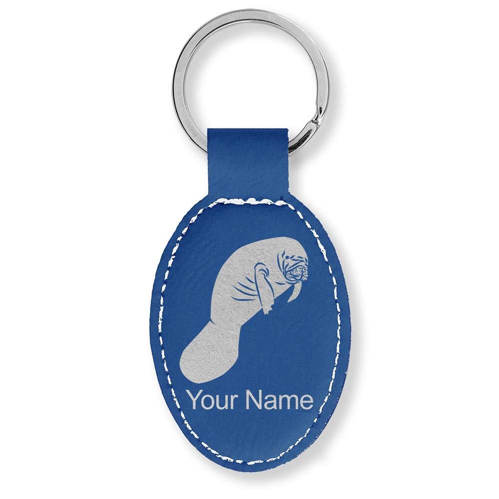 LaserGram Oval Keychain, Manatee, Personalized Engraving Included (Dark Blue)