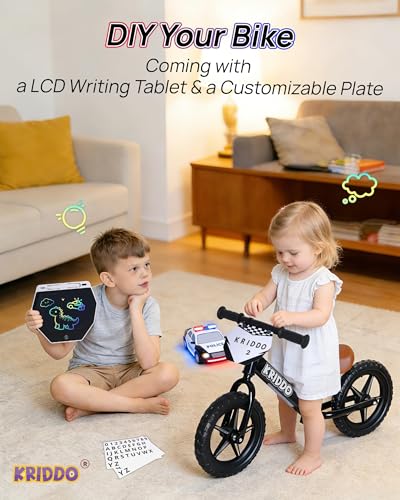Image of KRIDDO Toddler Balance Bike 2 Years Old, 12-Inch Colorful Lighting-Up Push Bicycle with LCD Writing Tablet, Steady Balancing, Gift Bike for 2-5 Boys Girls, LED-Black