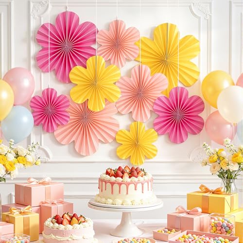 Image of SUNBEAUTY Paper Flowers Decorations for Wall, Paper Flower Fan Classroom Decoration Paper Floral Backdrop Decor Paper Fans Decoration Hanging Paper Fans Pink Yellow Flower Wall Decor