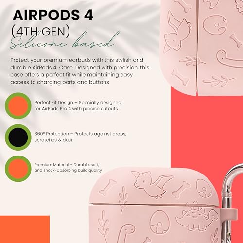 Image of Emoh Roced Case for Airpod 4 with Keychain,Silicone Dinosaur Engraved Cases Compatible with Apple AirPods 4th Generation 2024, Anti-Scratch, Protective Case Cover (Pink, for AirPods 4)