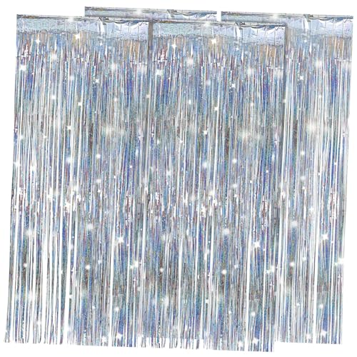 Zerodeko 4 Piezas Cortinas de Franjas Plateadas de Foil para Decoraciones de Fiesta Telón de Instalación Efecto Multiusos