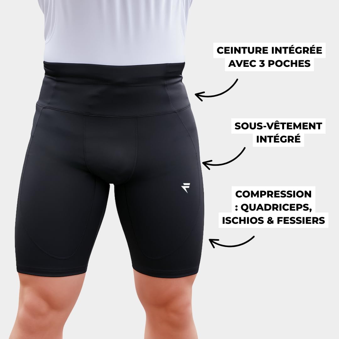 Flytex - Kompressionsshorts mit Gürtel – Komfort & Strapazierfähigkeit – leichte Unterstützung der Oberschenkel und Ischios – 3 integrierte Taschen – verschiedene Modelle für Damen/Herren