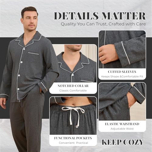 Image of U2SKIIN Mens Cotton Pajama Set, Soft Long Sleeve Pajamas for men Lightweight Button Up Sleepwear Lounge Pjs Set with Pockets