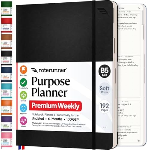 Roterunner Purpose Planner Notebook B5 7.5”x9.8” Undated 2026 Daily Weekly and Monthly Productivity Goal Setting Tool for Work Home ADHD Planner for Adults Self Care Journal