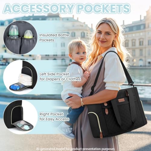 Image of Pritent Diaper Bag Tote for Working Mom, Large Travel Diaper Tote for Mom and Dad with 14 Inch Laptop Sleeve, Mommy Maternity Travel Baby Bag for Boys and Girls, Black