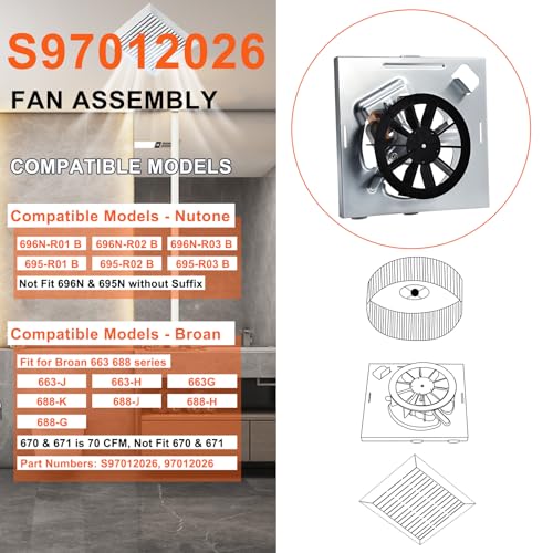 Image of 688-K /688-J /688-H 50CFM Fan, S97012026 696N-R02 B Unit Fan Assembly for Nutone Broan 688K, 688J, 688H, 663H, 688-G, 663-H, 688G, 663G, 663J, Bathroom Fan Motor Replacement 695-R02 B, 695-R03 B Unit.