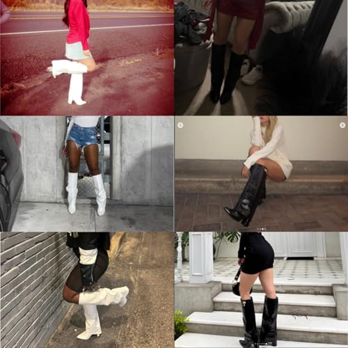 Knee High Boots for Women Fold Over Knee High Boots Chunky Heel Pointed Toe Long Boots Zipper Tall Boots2