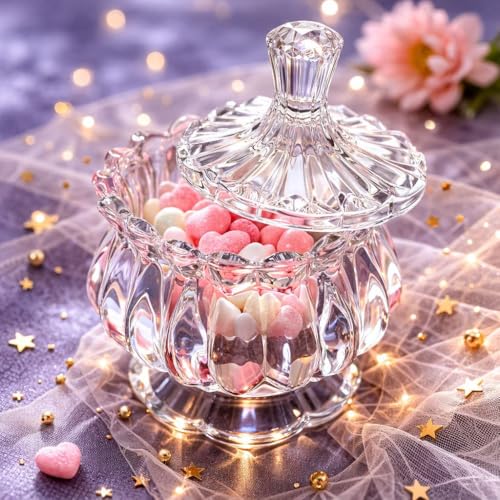 Image of Dimitra Transparent premium Glass Candy Dish with Lid, Crystal Candy Jar, Cookie Jar, Flower Decorative Candy Bowl, Jewelry Dish, Covered Candy Jars for Buffet, Kitchen, Home, Office Desk
