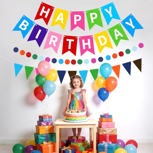 Image of Colorful Happy Birthday Banner Hanging Sign Circle Dot Triangle Bunting