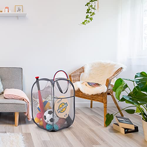 Image of BATTOO Deluxe Strong Mesh Pop up Laundry Hamper Basket with Side Pocket Foldable Hamper for Laundry Room, Bathroom, Kids Room, College Dorm or Travel Grey + White