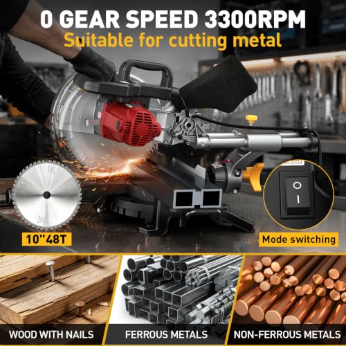 Image of Upgrade 10-inch Sliding Compound Miter Saw, Dual-speed 5000 /3300RPM, 15 Amp, Single Bevel 0-45 with 2 x TCT Blades, Multi-Material Cutting for Metal, Plastic, Wood, Laminates
