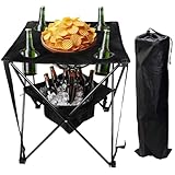 OVENTE Collapsible Folding Camping Table with Insulated Cooler, 4 Cup Holders, Food Basket and Travel Bag, Portable Tailgating Table for Fishing, Outdoor Barbecue or Beach Parties, Black POTC0014B