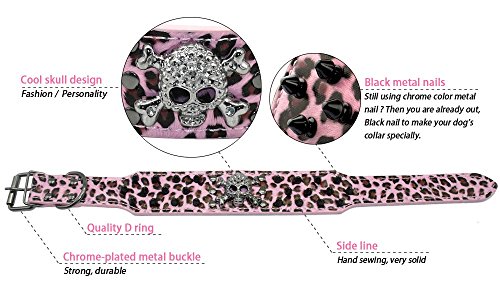 Berry Pet Spiked Leather Dog Collar - 3 Rows Bullet Rivets Studded PU Leather - Cool Skull Pet Accessories Best Choice for Medium and Large Dogs,Pink Leopard 17-20" - Thumbnail 4