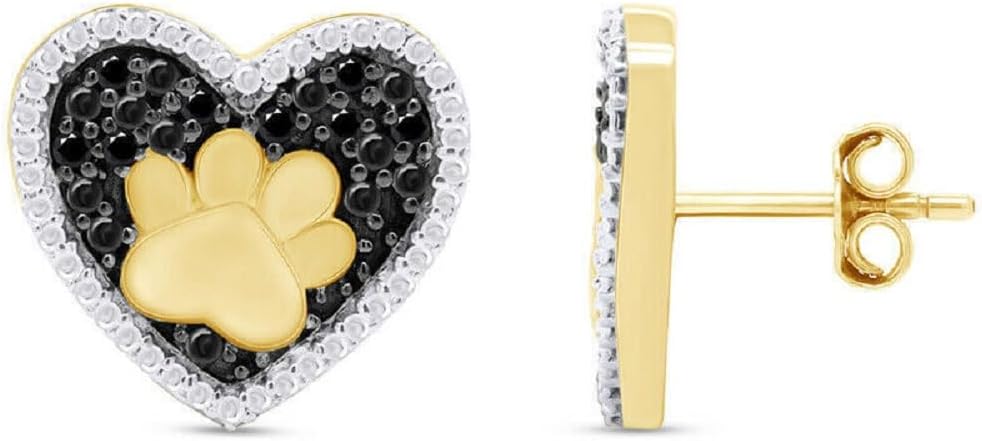 Reyansh Round Cut Black Diamond 925 Sterling Silver 14K Yellow Gold Over Diamond Paw Print Heart Cluster Stud Earring for Women's & Girl's