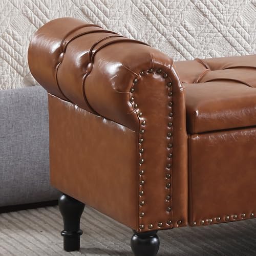 HOMYKA Leather Storage Bench 67 Inch Upholstered Tufted Ottoman Bench with Arms Large Storage Space End of Bed Bench for Bedroom Living Room Entryway Brown
