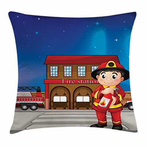 Lunarable Service Throw Pillow Cushion Cover, Cartoon Illustration of a Station with a Man Holding an Extinguisher Art, Decorative Square Accent Pillow Case, 24
