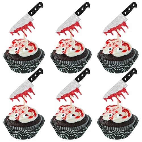24 PCS Halloween Cupcake Toppers Glitter Horror Halloween Blood K...