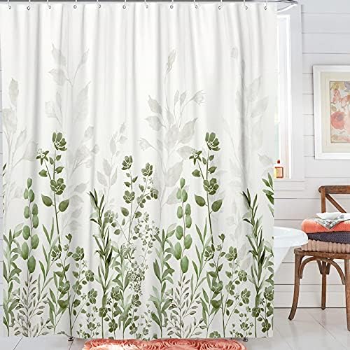 Yuan Fu Popular Shower Curtain,Green Leaf Watercolor Floral Plant Pattern Decorative Bath Curtain Waterproof Fabric Bathroom Curtain with Hooks,Standard Size 72 Inch