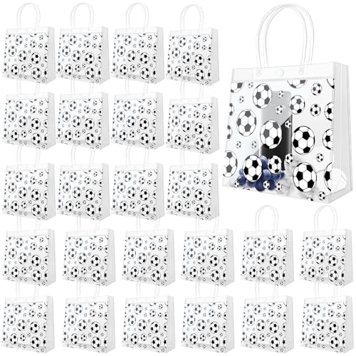 Demonwer 24 Pcs Soccer Clear Goodie Bag with Handles PVC Sport Theme Goodie Treat Candy Bags Reusable Party Favor Bag for Team Birthday Gifts 8×8×3.2 Inch