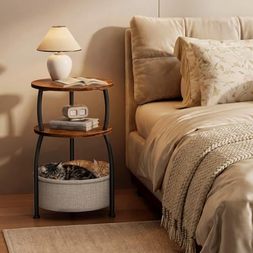 Yuede Round Side Table with Storage Basket for Living Room Rustic Brown by Yuede - Used condition - Image 3