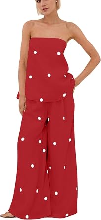 Women Polka Dot 2 Piece Outfits Spot Strapless Tube Top High Waist Wide Leg Pants Lounge Set Summer Tracksuit