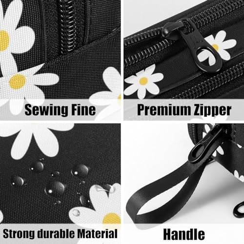 Image of Fustylead Hand Drawn Classic White Daisy Flower Large Pencil Bag Storage Pen Case Makeup Pouch Stationery Bag for School College Office Organizer