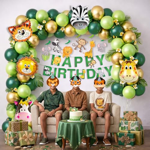 Image of Party Propz Jungle Theme Happy Birthday Decoration Kit - 86 Pcs Animal Foil Balloons for Birthday, Animal Eye Mask, Swirls, Happy Birthday Banner, Birthday Decor for Boy and Girl (Cardstock)