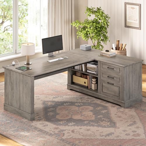 SEDETA Executive Desk, 61" Farmhouse L Shaped Desk with File Draw...