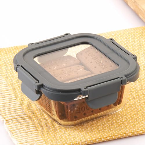 ATTRO Glassox Borosilicate Square Glass Lunch Box with Tempered Glass Lid Food Storage Container Microwave & Freezer Safe Food-Grade Leak-Proof 320ml