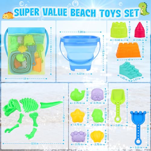 ERHAICAT Beach Toys, Dinosaur Sand Toys for Kids Toddlers with Collapsible Bucket, Sand Castle Building Kit, Mesh Storage Bag & Shovel Rake, Travel Summer Toys for Boys Girls Ages 3-10