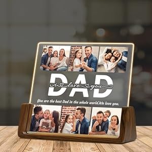 Custom Father’s Day Gift for Dad, Photo Acrylic Plaque Personalized Night Light, Walnut Photo Frame with Night Light, Unique Romantic Birthday Christmas Gift for Dad from Son and Daughter