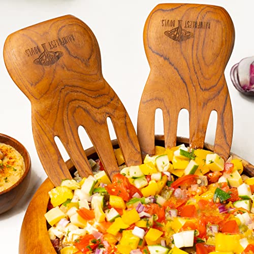 Rainforest Bowls Javanese Teak Wood Salad Serving Hands W/Knob Handles - Perfect For Mixing, Tossing & Serving Salad - Ultra-Durable- Premium Wooden Design Handcrafted By Indonesian Artisans #TOP1