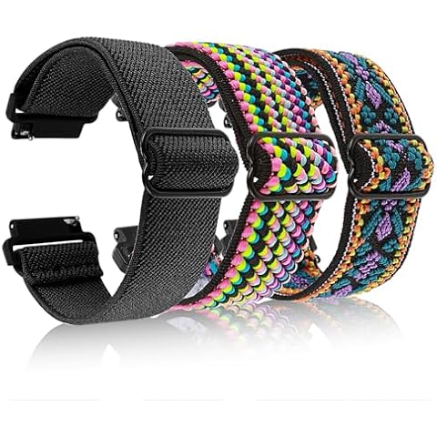 Amaxiu Stretch Nylon Watchband, Adjustable Sport Watch Strap Braided Watch Band for Men Women Compatible with Smartwatch(22mm, Black+Purple Floral+Rainbow Stripes) Cover