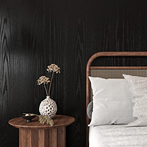 Papel pintado autoadhesivo pared dormitorio negra con textura madera 6