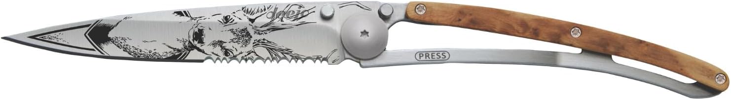 deejo - 37G Serrated Folding Pocket Knife with Belt Clip - Deer Design, 3.7-Inch Stainless Steel Blade, Juniper Wood Handle - Lightweight Everyday Carry for Home, Work, and Outdoor Use