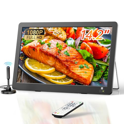Desobry 14 Portable TV, 1080P Rechargeable Small Mini TV for Bedroom Camping Kitchen, LCD TV Support HDMI, USB, AV, Built in Digital Tuner, Stand, Dual Speakers