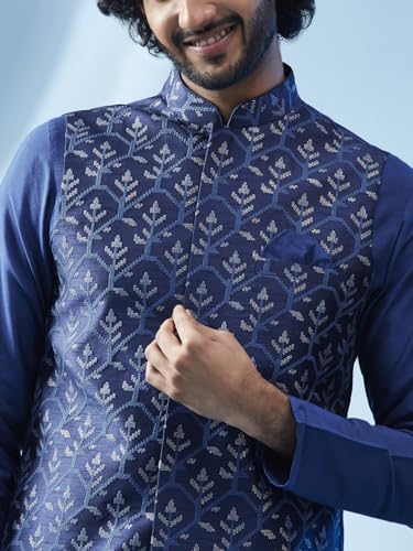 Image of KISAH Men's Kurta Jacket Churidar Set, Sea Green Art Silk, Embroidered Long Sleeves Regular Fit Mandarin Collar