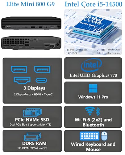 Image of HP Elite Mini 800 Business Desktop Computer Mini PC (2026 Edition), Intel i5-14500, 16GB DDR5 RAM, 512GB SSD, Triple 4K Display Support, Wire Keyboard & Mouse Included, Windows 11 Pro