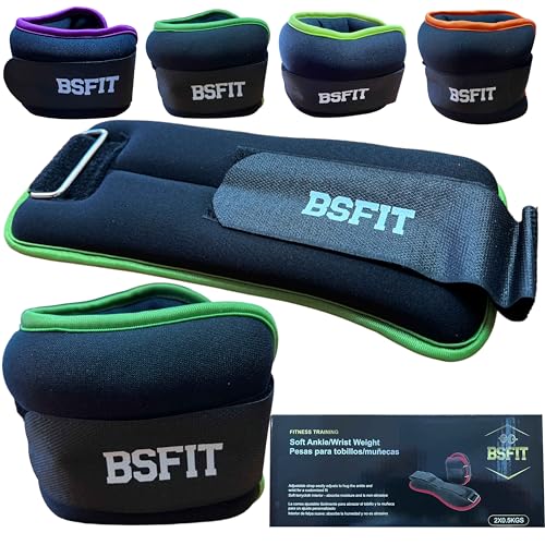 BSFIT® Tobilleras y muñequeras con peso ejercicio en casa de neopreno - Set de pesas para tobillos y muñecas de 0,5kg, 1kg, 1,5kg y 2kg - tobilleras lastradas (2x 1kg Verde Flúo)