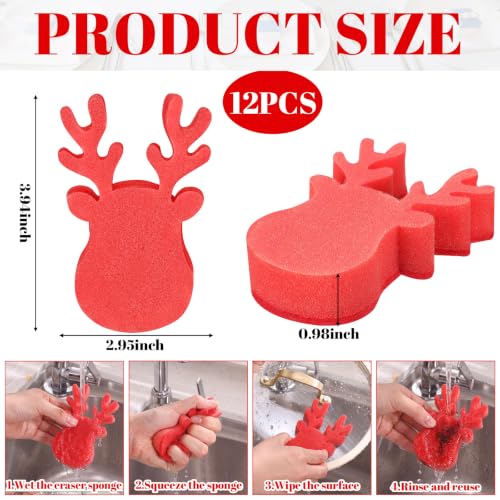 Image of Tioncy 12 Pack Christmas Reindeer Kitchen Sponges Bulk Red Reindeer Dual Sided Scrubber Sponges Dishwashing Kitchen Cleaning Accessories for Home Decor Household Supplies