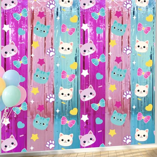 Image of Tiamon 2 Pack Cat Dollhouse Party Decorations 3.3 x 6.6 Ft Foil Fringe Curtains Cute Cat Birthday Backdrop Tinsel Streamers Photo Booth for Cartoon Doll House Baby Shower Birthday Party Supplies