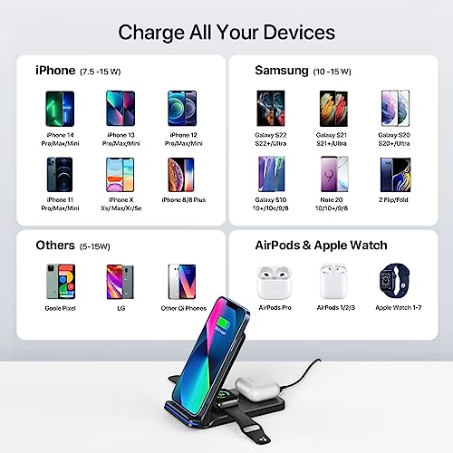 Wireless Charger, 3 In 1 Fast Charging Station, Folding Travel Wireless Charger Stand For Iphone 14,13,12,11/Pro/Max/Plus, X,Xr, Xs/Max,Se, 8/Plus,Apple Watch 1-8,Airpods 3/2/Pro(No Adapter, Black) #TOP1