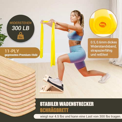 Wadendehner Schrägbrett aus Holz, 5 Winkeln Slant Stretch Board mit Trainingsposter und 2 Widerstandsbändern, Verstellbar Wadenstrecker mit Tragegriff, Mobility Balance Board, Schräges Brett