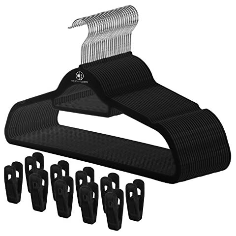 Closet Accessories, Velvet Hangers, Ultra Slim Space Saving, notches, tie bar, Swivel Hook,10 Pack, with 20 Matching Velvet Finger Clips (Black) Cover