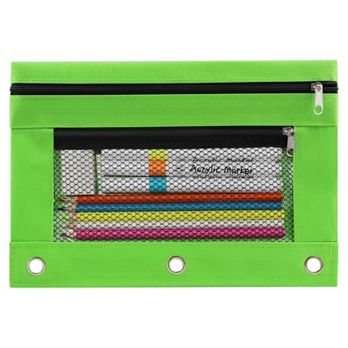 Image of 3 Ring Pencil Pouch for Binder, 2-Pocket Zipper Pencil Case with Clear Window & Mesh Pocket, 600D Oxford Fabric Binder Pouch for School Office Supplies, Fits Standard 3-Ring Binders, Green
