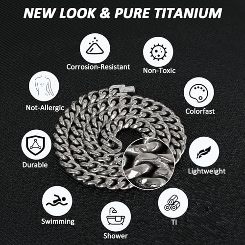 SanThree 10.5mm TA1 Pure Titanium Cuban Link Chain Necklace for Men, Ultra Light Hand Polished Diamond-Cut Solid Ti Chains for Anniversary Graduation Birthday, 23.62"2